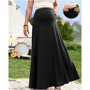 Maternity Black Stretchy Flared Hem Solid Maxi Skirt